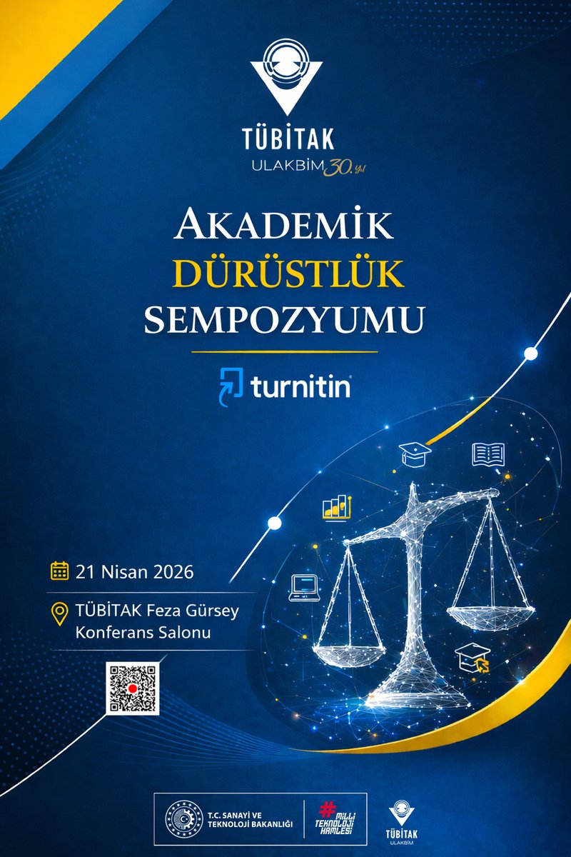 📣 TÜBİTAK ULAKBİM ve Turnitin iş birliğiyle, "Akademik Dürüstlük Sempozyumu" düzenlenecektir. #DokuzEylülÜniversitesi

📅 21 Nisan 2026
🕙 10.00–15.00
📍 TÜBİTAK Feza Gürsey Konferans Salonu

🔗 Kayıt:
etkinlik.ulakbim.gov.tr/event/209/regi…
💻 Canlı yayın
youtube.com/@TUBITAKULAKBI…