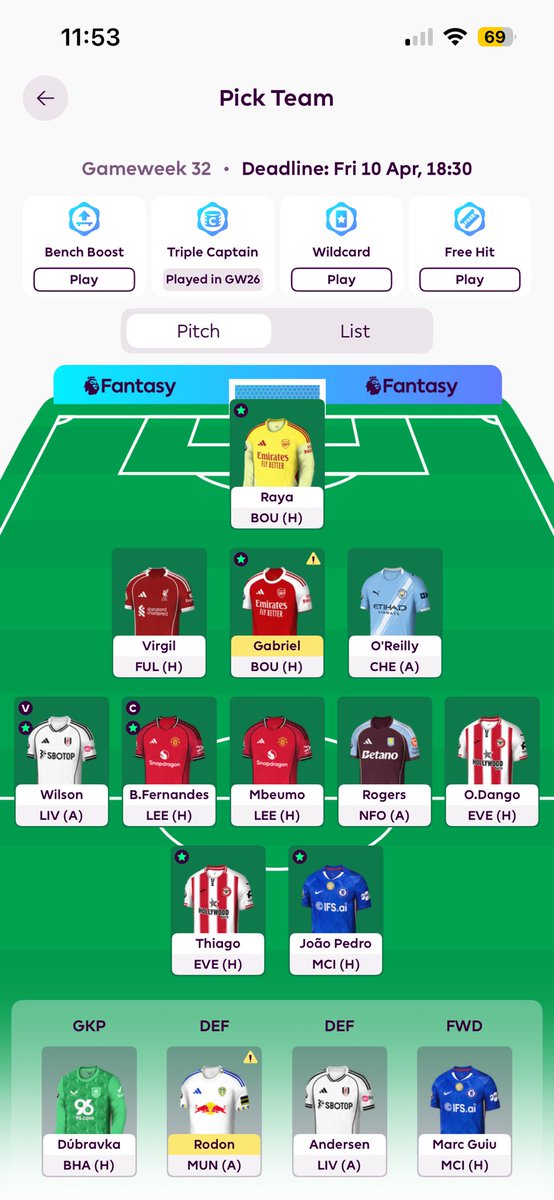 CarefreeSW6Blue's tweet photo. @FPLFocal Would you use WC this week for my team? https://t.co/rMRBTJGCXD