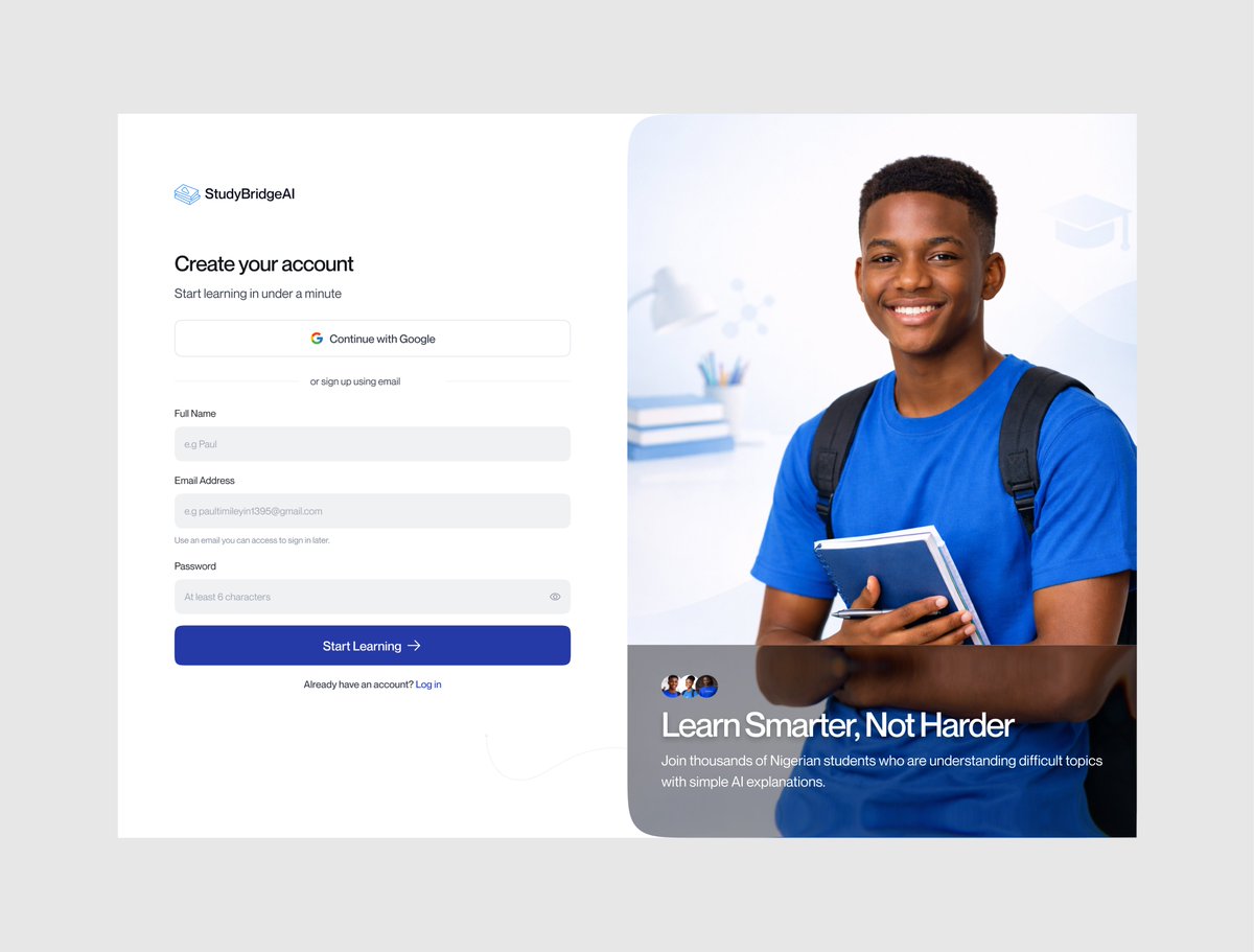 I have worked on the sign-up page, and I am still refining the onboarding flow for StudyBridge AI.

More screens are coming soon.