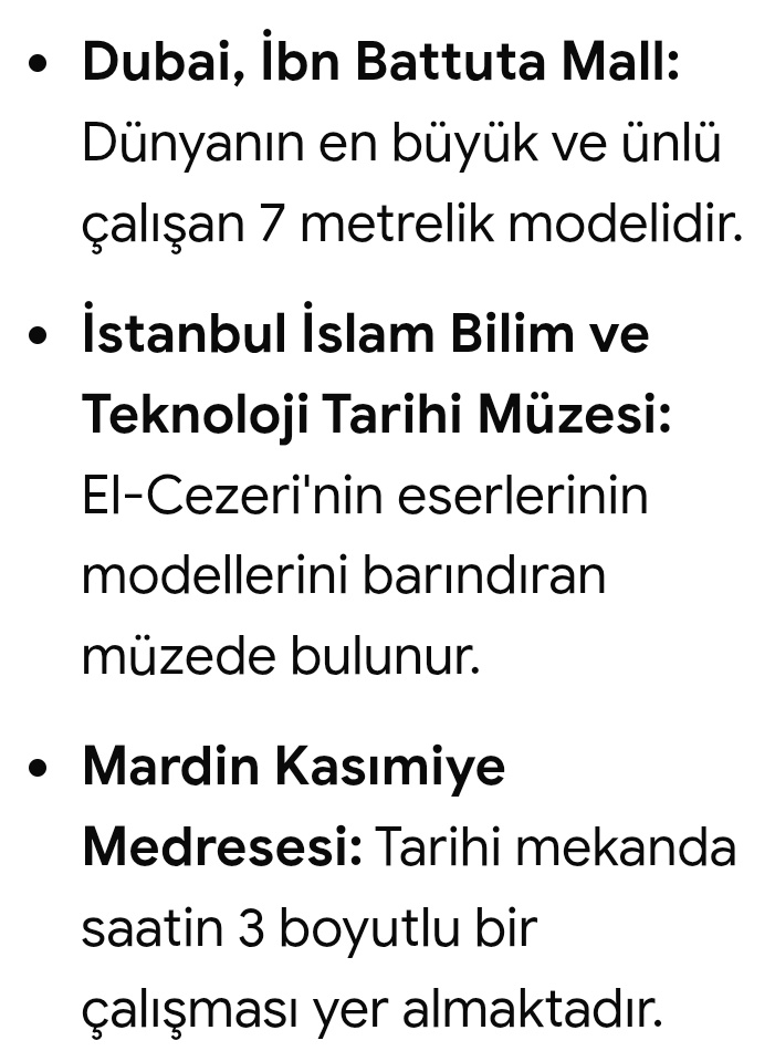 El Cezeri nin ki Da Vinci vaktiyle çok kıskandı kendisini çalısmalarinı gizliden inceledi 

800 yıllık bu güzelligi Iskender Giray (fizik muh.heykeltras  Gebze Filli Boya fabrikası)yorumlamistı.
Yolunuz düşerse görün derim 👇
