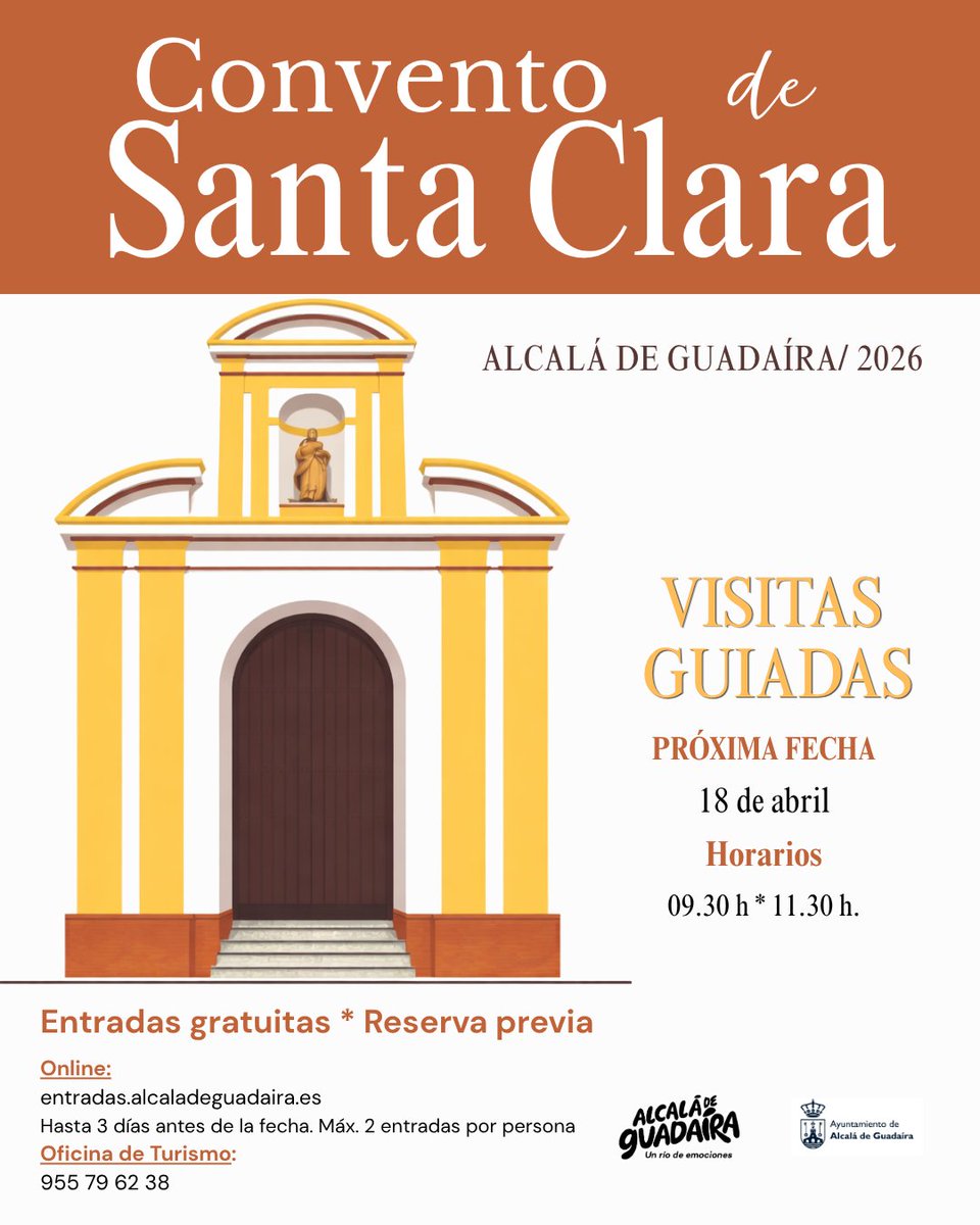 Vuelven las visitas guiadas al 𝐂𝐨𝐧𝐯𝐞𝐧𝐭𝐨 𝐝𝐞 𝐒𝐚𝐧𝐭𝐚 𝐂𝐥𝐚𝐫𝐚

🗓️Sábado 18 de abril
🕤Dos turnos: 09.30 h y 11.30 h.

🎟 Entradas disponibles desde mañana, 7 de abril: 🔗Reserva online en: entradas.alcaladeguadaira.es/recintos
📲Oficina de Turismo: 955796238

Plazas limitadas‼️