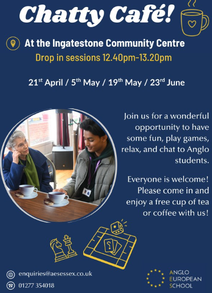 angloeuropean73's tweet photo. Chatty Cafe is back on 21st April and on the 5th May and 23rd June. ☕

A chance for local residents to socialise, play games, have a hot drink and a chat with our lovely Sixth Form Students. 

Everyone is welcome!

#ChattyCafe #CommunityGathering #LocalResidents https://t.co/UPmmNPFSje