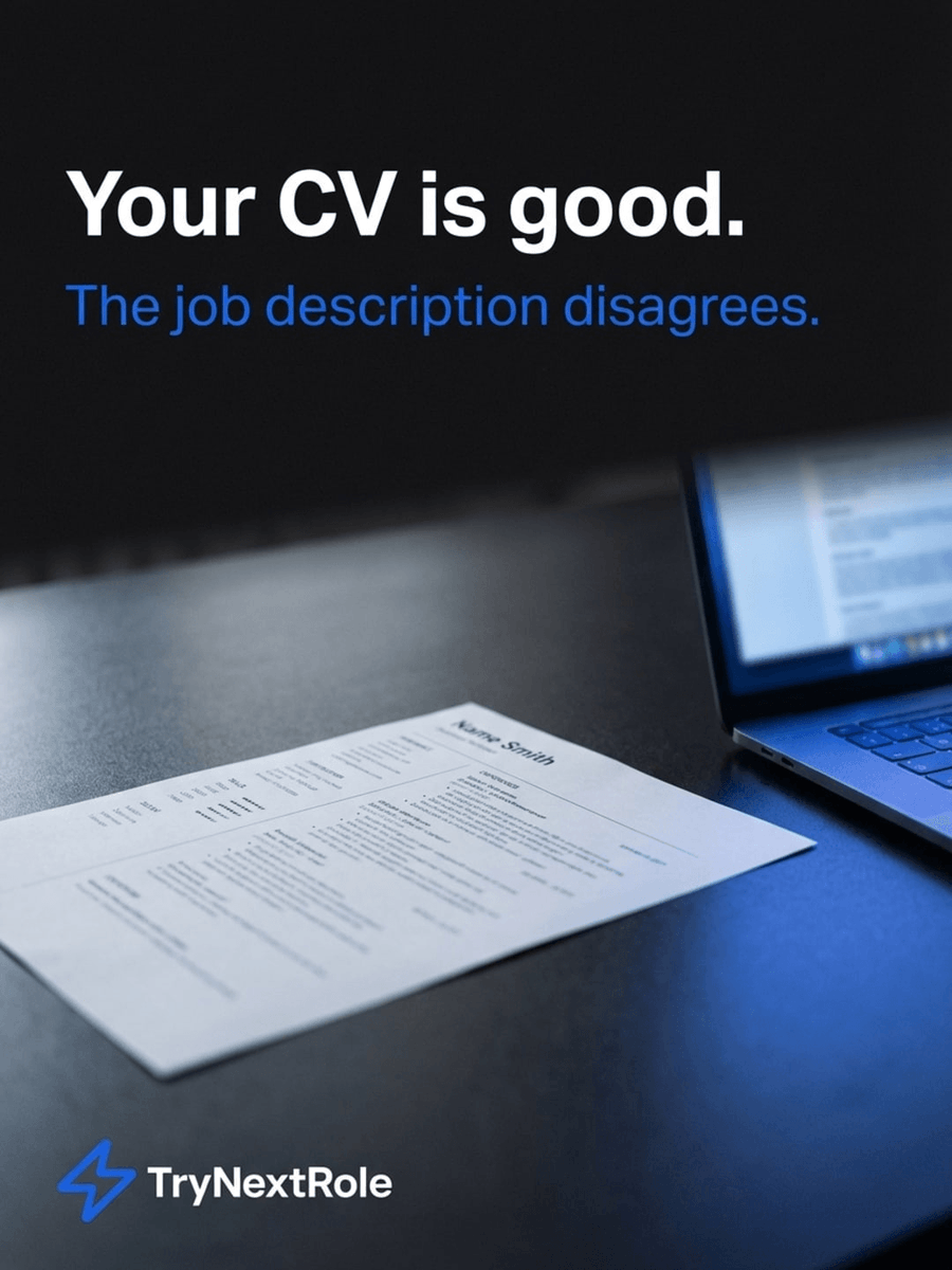 Your CV might be strong, but if it doesn't match the job description, it won't get noticed. TryNextRole uses AI to highlight the gaps so you can fix them before applying. Targeted matching beats sending out more applications every time.