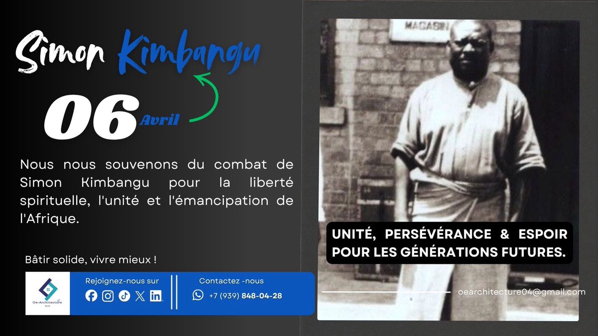 OE_Architecture's tweet photo. Simon Kimbangu
Nous nous souvenons du combat de
Simon Kimbangu pour la liberté spirituelle, l'unité et l'émancipation de l'Afrique.

#leader 
#simonkimbangu 
#construction 
#architecture 
#durable https://t.co/5zkyrHWDMQ