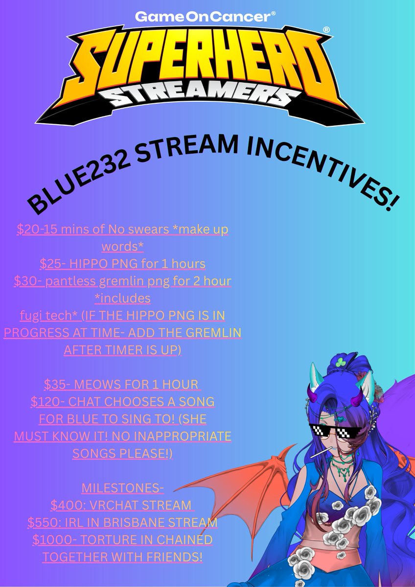 Blue23210's tweet photo. I AM APART OF SUPERHERO STREAMERS FOR @QLDStreamers AND @GameOn_Cancer ! THIS IS MY FIRST TIME FINALLY BEING APART OF GAME ON CANCER- SUPERHERO STREAMERS! 😍🤩

ALSO NEW MODEL DEBUT! DAY 1 WILL BE STARTING TOMORROW 7/4/26! KEEP AN EYE OUT ON UPDATES!
Model debuting tomorrow is made by- @haoly0211  😘

Please Donate below!! Stream incentives! 
https://t.co/eP6QPqE0MT

#Twitch #midnight_blue232 #gameoncancer #qldstreamers #brisbanestreamers #ausvtubers