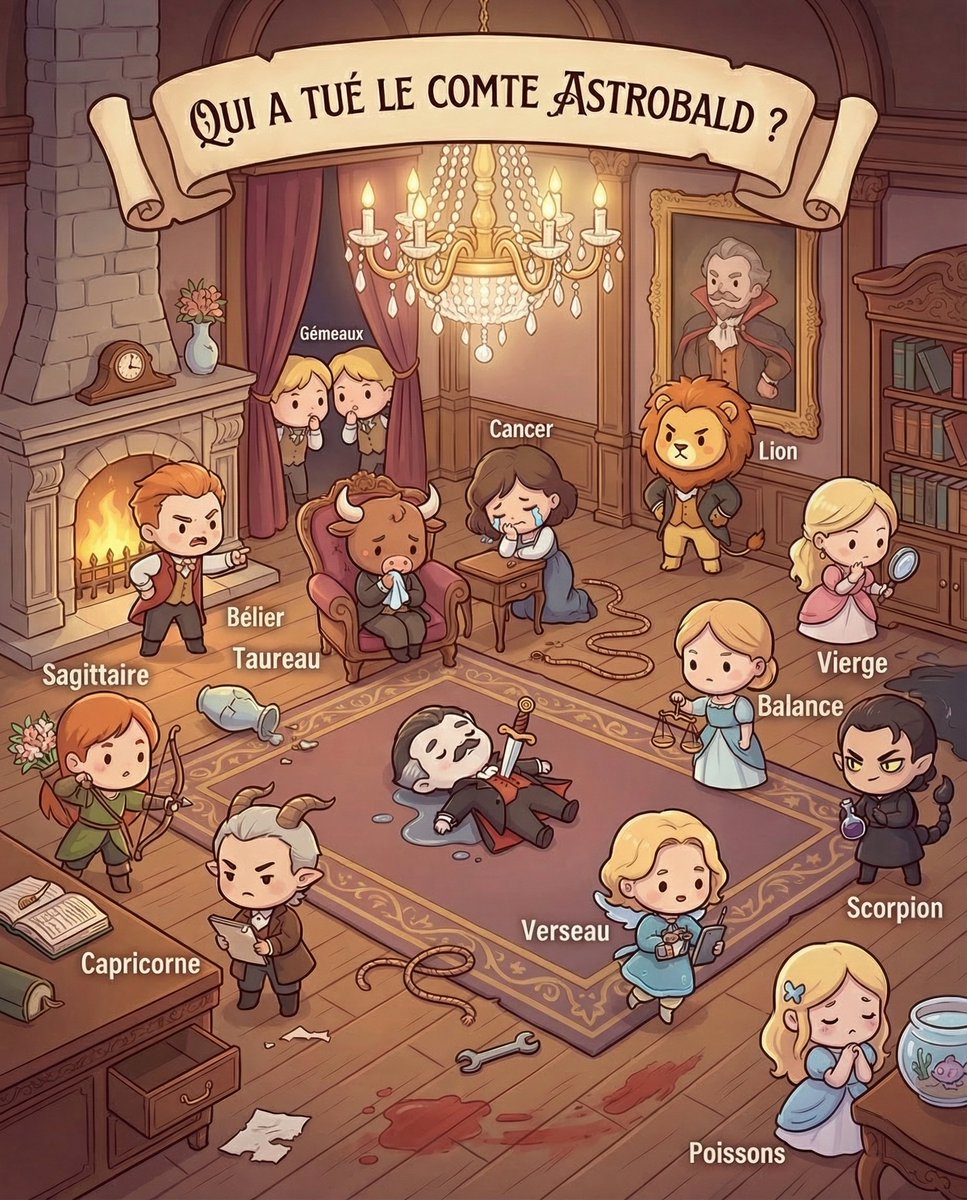 LeVraiHoroscope's tweet photo. 🕵️ JEU : QUI A TUÉ LE COMTE ASTROBALD ?

Le comte Astrobald a été retrouvé assassiné dans son manoir… et tous les signes du zodiaque sont suspects ! Chacun réagit à sa manière... Enquêtez et trouvez QUEL SIGNE EST COUPABLE ? 🔎🕵️ (PS : c'est facile)

#Astrologie #Zodiaque #Horoscope