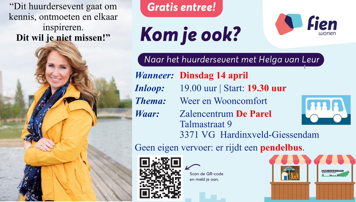 Fien Wonen en de beide huurdersraden organiseren 14-04-2026 een #huurdersevent.
Ben je huurder van Fien Wonen? Ben je een stakeholder?
Je bent welkom!!
Voor onze organisatie is het handig dat je jezelf even aanmeld op 
fienwonen.nl/aanmelden
Gewoon doen!
