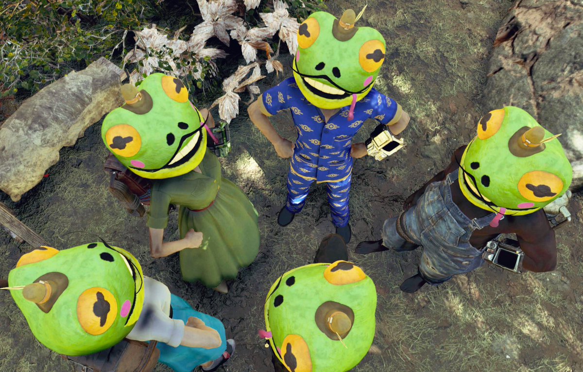 HitoKa18's tweet image. 先日の🌿ぼーぼーもじゃもじゃ会🍀
念願の🐸マスクで勢揃い！

訪問させて頂いたCAMP達は少しずつポストしていきます(❃´◡`❃)🌱

#fallout76