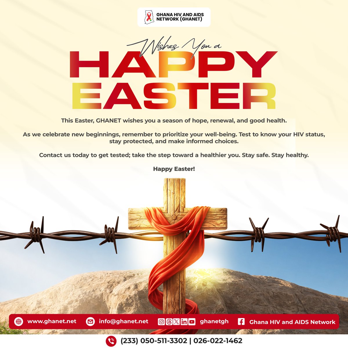 GhanetGh's tweet photo. ✝️🐣This Easter, take a step toward better health; know your HIV status, stay protected, condomize and make informed choices.❤️

📩Contact GHANET today to get tested. Your health matters.

Stay safe. Stay healthy.✨

#HappyEaster #ghanetgh #KnowYourStatus #ChooseHealth #StaySafe https://t.co/1lgQTB6b6n