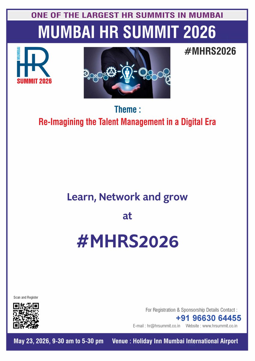 Learn, Network and Grow. Join Mumbai HR Summit 2026, to be held on May 23, 2026 on the theme Re-imagining Talent Management in a Digital Era. To Register Online Visit hrsummit.co.in,
#MHRS2026, #Mumbai, #HR, #Summit, #Talent #Management, #people
#HRLeader, #CHRO,