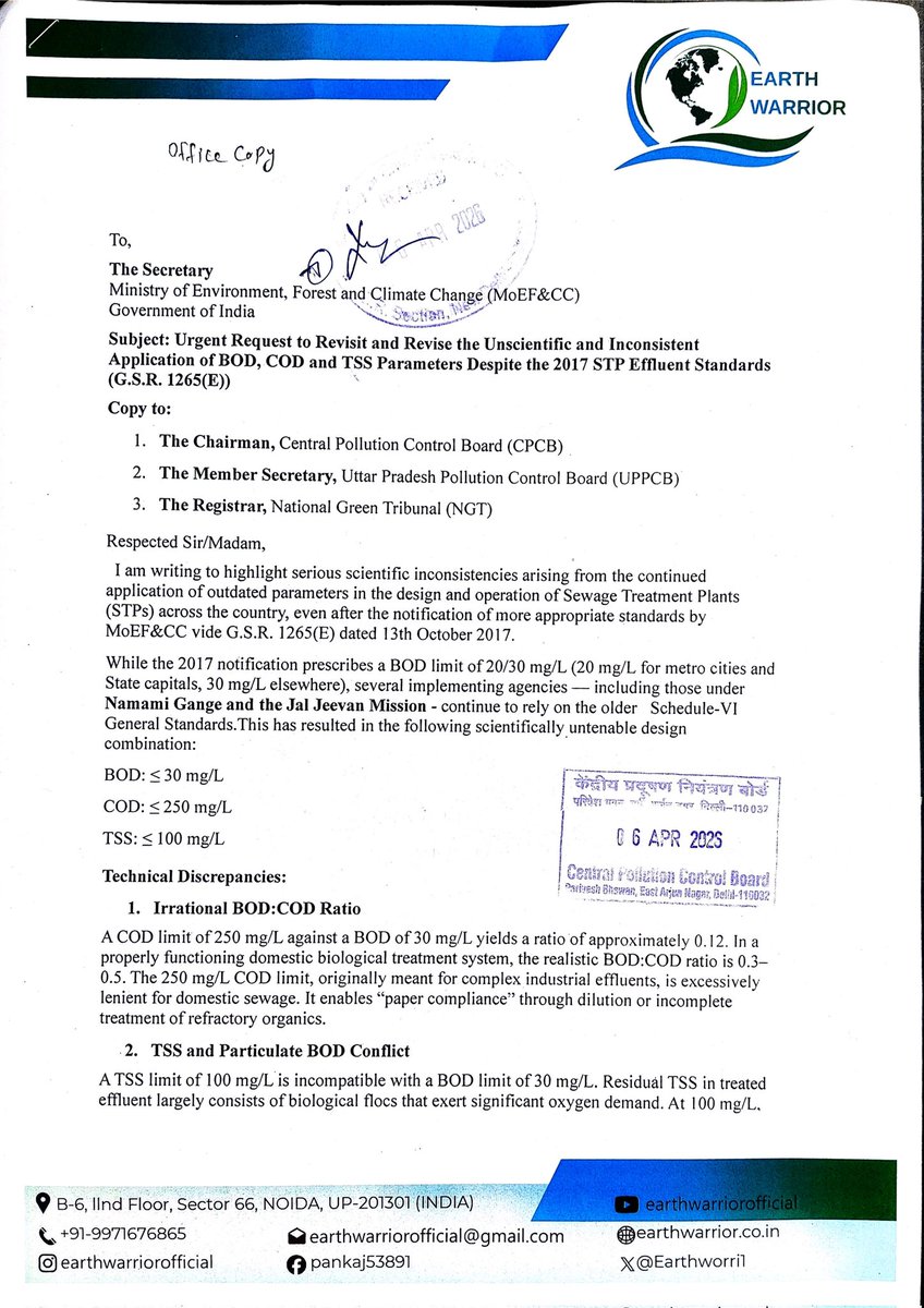 Earthworri1's tweet photo. Even in 2026, hundreds of STPs across the country are still following unscientific BOD, COD & TSS limits for sewage treatment plants. These outdated parameters are neither scientifically correct nor suitable for protecting our rivers and surface water bodies.  We have written to the Ministry of Environment, Forest and Climate Change demanding an urgent review and revision of these faulty standards. @moefcc @cleanganganmcg @CPCB_OFFICIAL @jaljeevan_