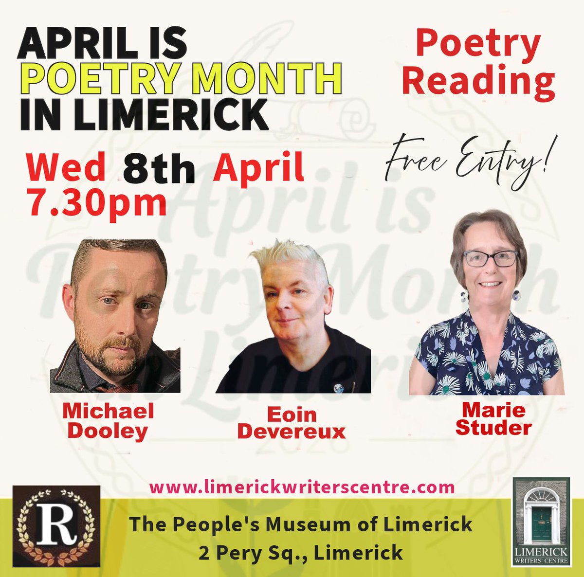 LimerickWriters's tweet image. A Trio of Limerick Poets Wed 8th April 7.30pm @PeoplesMuseumLK #poetry #limerick @HURLINGDAYS @LimerickArts @poetryireland @MunLitCentre