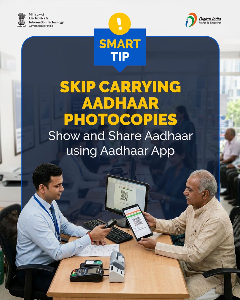 _DigitalIndia's tweet photo. Why carry papers when your phone can carry your Aadhaar.
Go digital, stay secure, and verify identity instantly with the Aadhaar app!
Click to Download Aadhaar App - https://t.co/fe8Cntqgez
#DigitalIndia #SmartLiving #Aadhaar #Paperless #TechSmart
@UIDAI https://t.co/Cma8ACkgyq