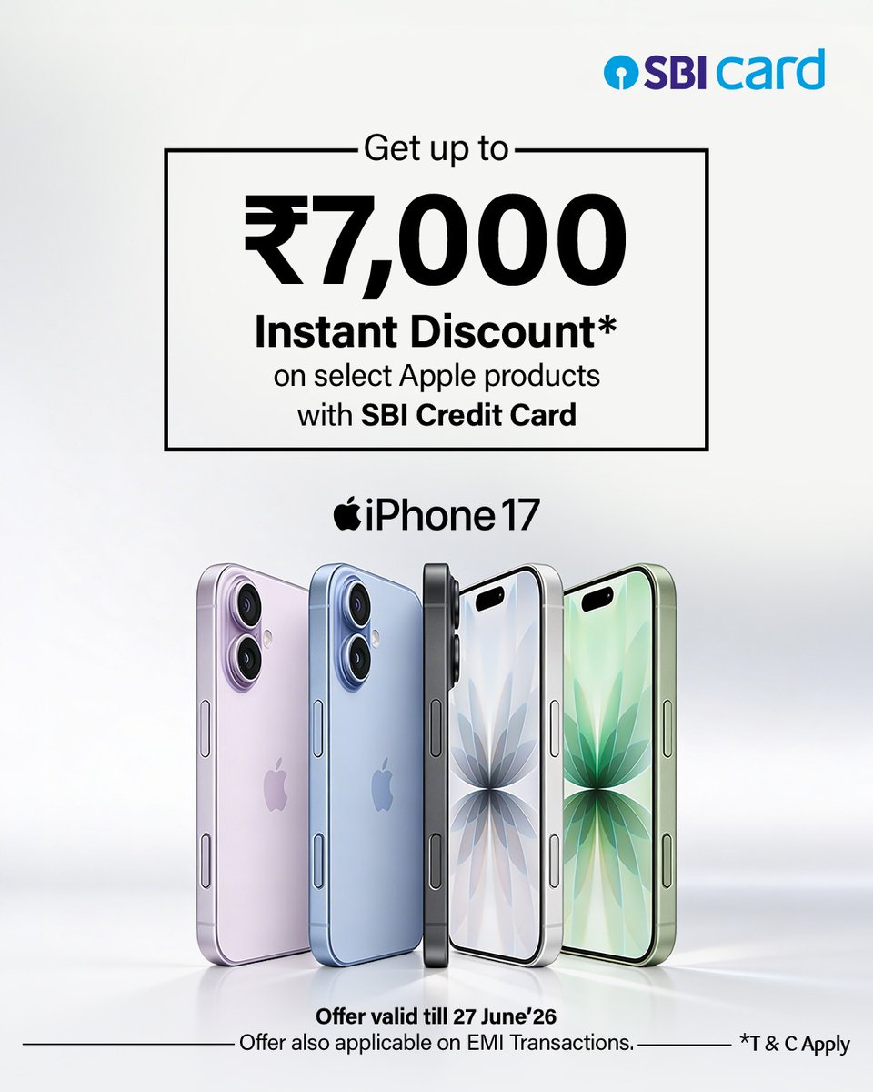 SBICard_Connect's tweet image. Get up to ₹7,000 Instant Discount* on Select Apple Products with SBI Credit Card. 

Offer valid till 27 June’26

Offer also applicable on EMI Transactions.

Know more: sbicards.net/apple-apr26

*T&amp;amp;C Apply

#SBICard #Discount #Offers #Deals