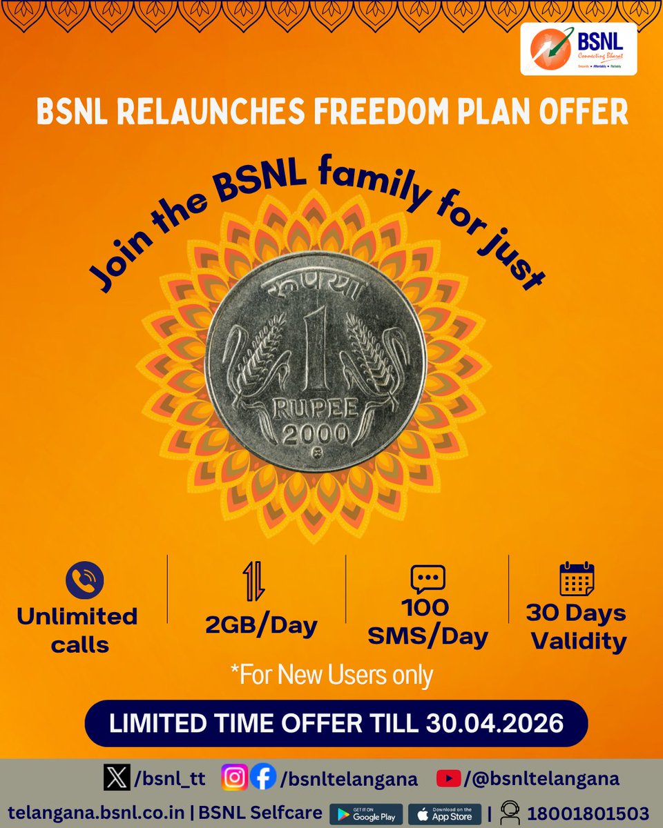 bsnl_tt's tweet photo. 🇮🇳 BSNL Relaunches the Freedom Plan Offer!

Join the BSNL family at just ₹1/- 🎉

✨ Unlimited Calls
📶 2GB Data/Day
💬 100 SMS/Day
📅 30 Days Validity

Don’t miss this incredible limited-time offer—valid till 30.04.2026! ⏳

For New customers only. 

#BSNL #BSNL4G #FreedomPlan https://t.co/SCbRADUS0Z