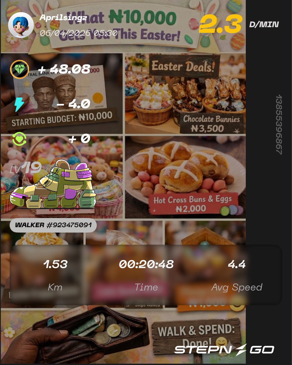 aprilsingz's tweet image. If you have ₦10,000 to spend this Easter, here’s how to make it feel like ₦50,000. 
Lace up your StepN GO sneakers.
Walk 1.5km to the market 👟
Grab the essentials:
walk back with ₦1,000 change. The math is mathing! 🧮💨
#StepNGO #HappyEasterHolliday #MoveToEarn #stepN