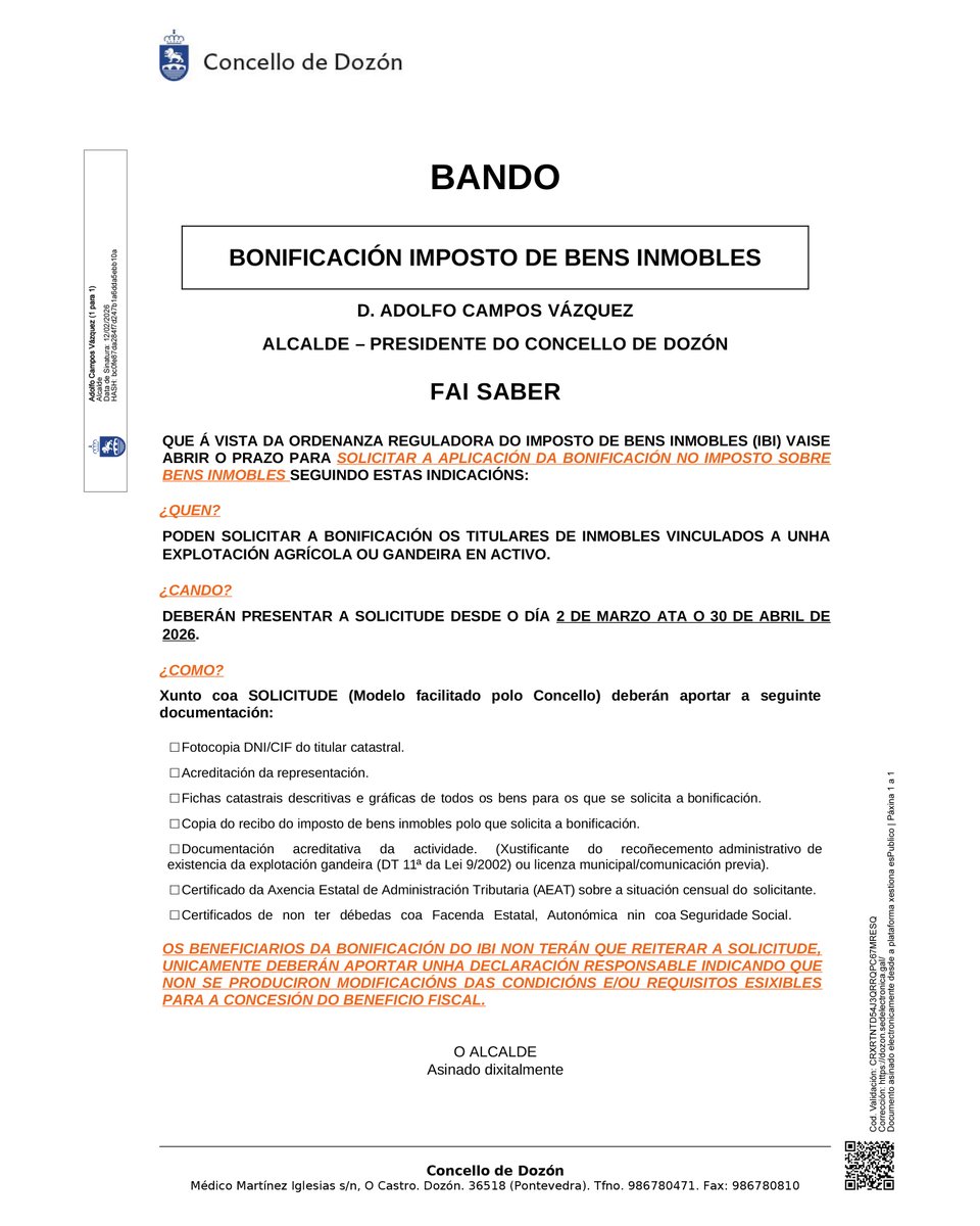 ConcellodeDozon's tweet photo. Aberto ata o día 30 de abril o prazo de solicitude das bonificacións no IBI para titulares de inmobles vinculados a explotacións agrogandeiras en activo. https://t.co/lPefoC3YbC