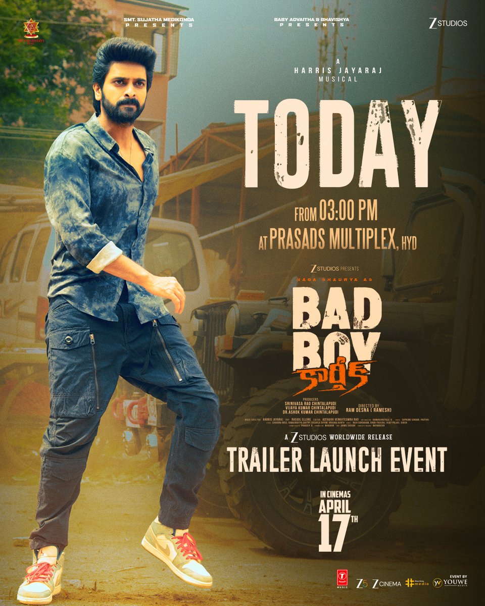 MediaYouwe's tweet photo. Feel the attitude. Witness the madness 😈🔥
Bad Boy Karthik Trailer Launch Event kicks off today at 3 PM, Prasad Labs Hyderabad 🎬💥
▶️https://t.co/CO6AhYmIHN
#BadBoyKarthik onApr17th
#TrailerLaunchEvent @IamNagashaurya @Viidhi28_ @vennelakishore @thondankani @Jharrisjayaraj @Sri4279 #SrinivasaRaoChintalapudi @DrChintalapudi @vaishnavifilms_ @zeestudiossouth #UmeshKrBansal @girishjohar #AmeetBhuvan @IamDivyaVijay @tseriessouth @MediaYouwe