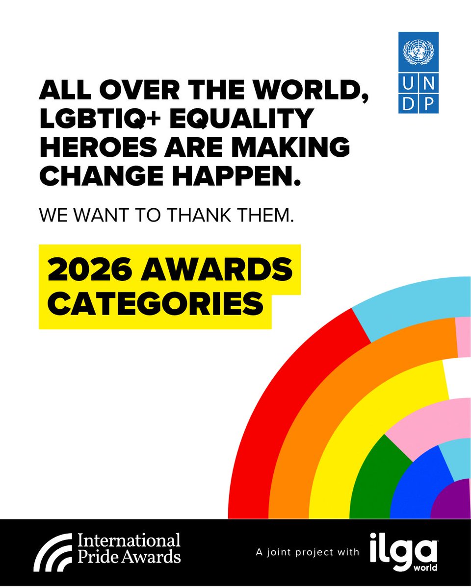 UNDPHIVHealth's tweet image. All over the world, #LGBTIQ+ equality heroes are making change happen. We want to thank them.
The 2026 #internationalprideawards will be presented in 5 categories.
Nominations are open until 17 April: internationalprideawards.org/en/nominations/