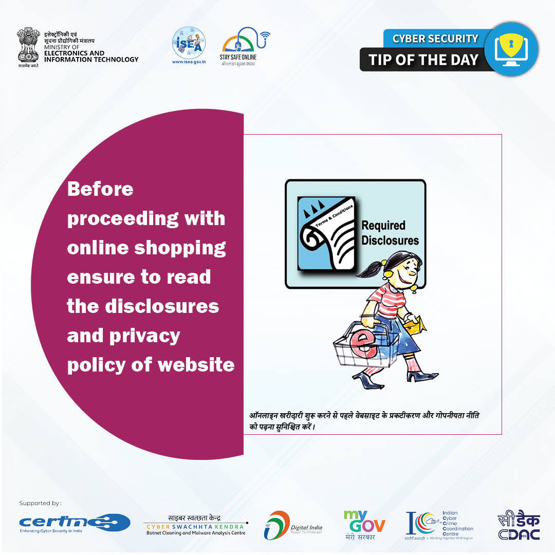 SSOIndia's tweet image. #TipOfTheDay
A smart shopper reads before they proceed. Always check disclosures and privacy policies to protect your personal information.

#CyberSecurity #OnlineShopping #DigitalSafety #PrivacyPolicy #DataProtection #SafeBrowsing #CyberAwareness #StaySafeOnline

@GoI_MeitY