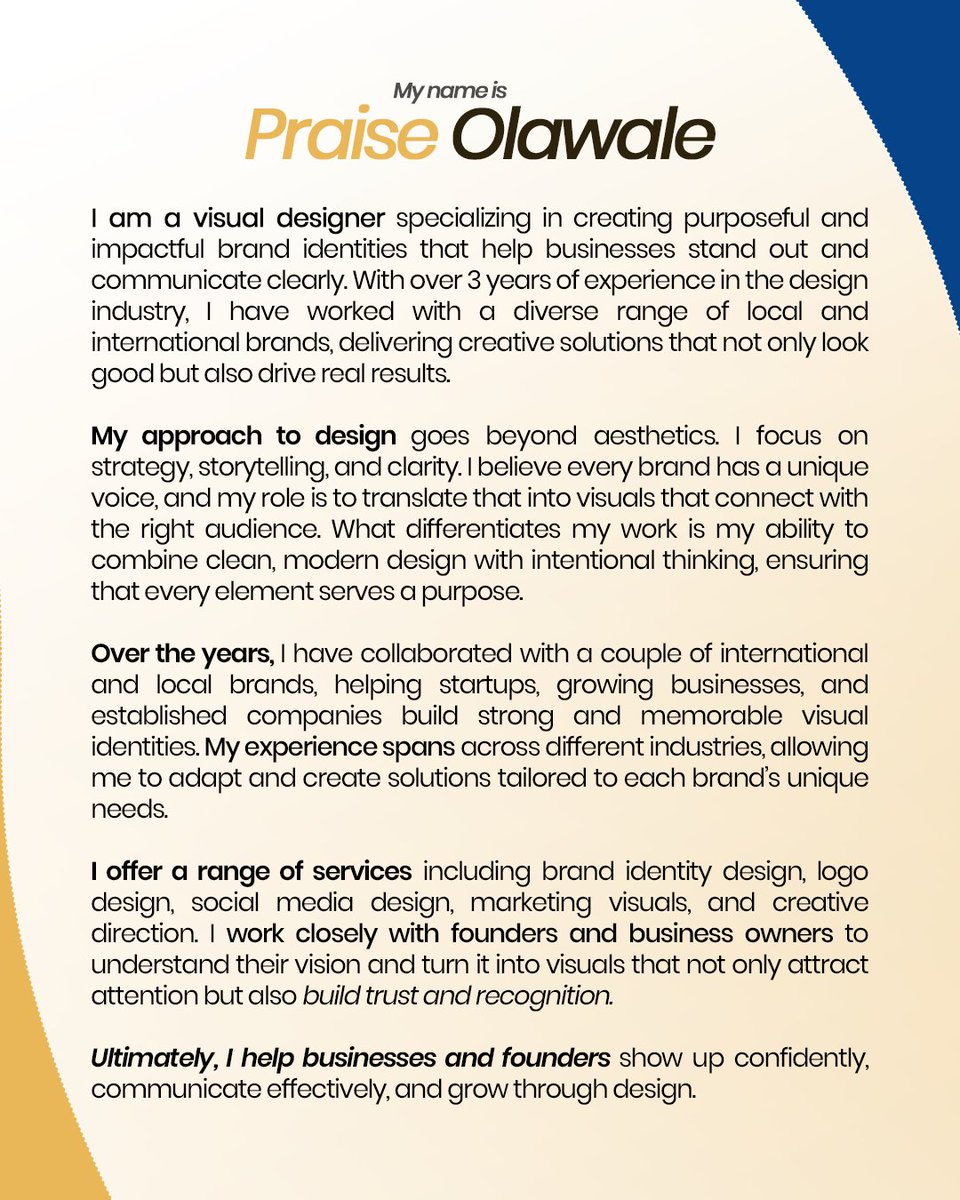 Prazostar's tweet photo. Quick Re-introduction.

I’m a visual designer focused on creating purposeful brand identities that help businesses stand out and communicate clearly.

I’ve worked with local &amp; international brands combining strategy and clean design to create visuals that works and looks good. https://t.co/ifu9X3VUsi