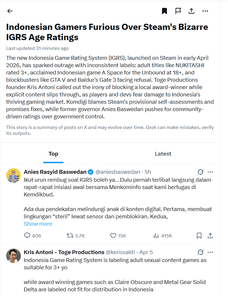 AbyssalScroll's tweet photo. 06/04/2026
Berita yang meresahkan pada gamer ID di steam. IGRS rating yang tidak konsisten. https://t.co/LOTLVAekym