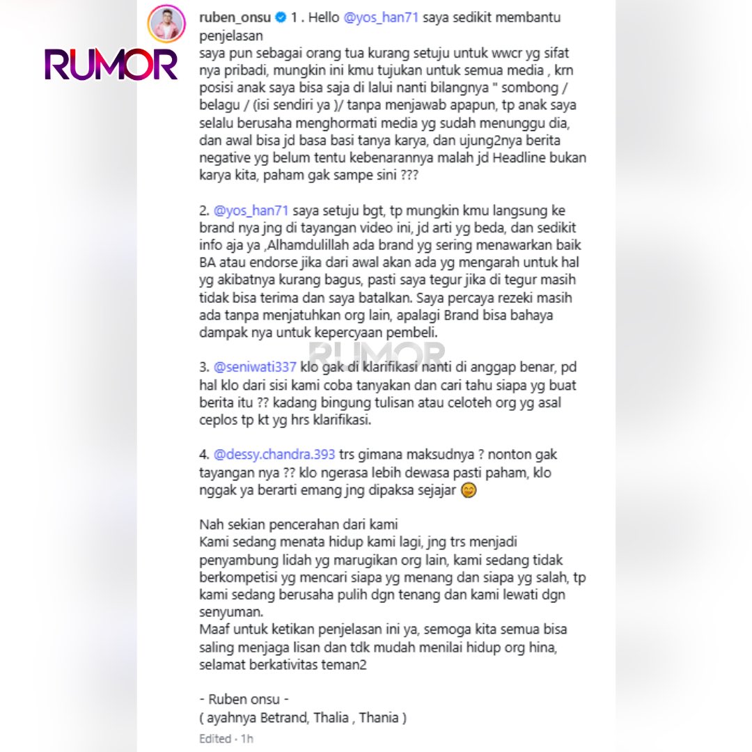 rumormediaid's tweet image. Ruben Onsu menanggapi komentar netizen yang menyebut Betrand Peto alami kasus terus menerus dan dianggap sering memberikan klarifikasi akhir-akhir ini. Dalam unggahannya ruben onsu menanggapi satu persatu komentar negatif untuk putranya betrand peto #betrandpeto #netizen