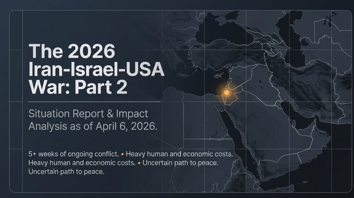 KanjoToshi's tweet photo. 1/10: The 2026 Conflict – Situation Report 🚨 As of April 6, 2026, the war between Iran, Israel, and the U.S. has entered its sixth week. The human and economic costs are mounting rapidly, and the path to a sustainable peace remains highly uncertain. #IranWar2026 #Geopolitics #MiddleEast