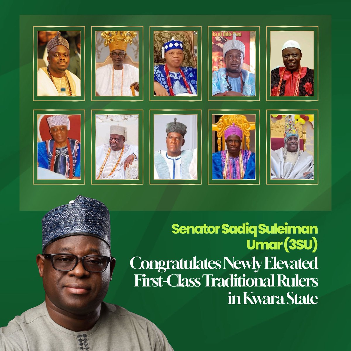 3suforkwara's tweet photo. Senator Sadiq Suleiman Umar congratulates the newly elevated First-Class Traditional Rulers in Kwara State and commends Governor Abdulrahman Abdulrazaq for strengthening traditional institutions.

#3SUforKwara #KwaraDecides https://t.co/wkf7VxUklt