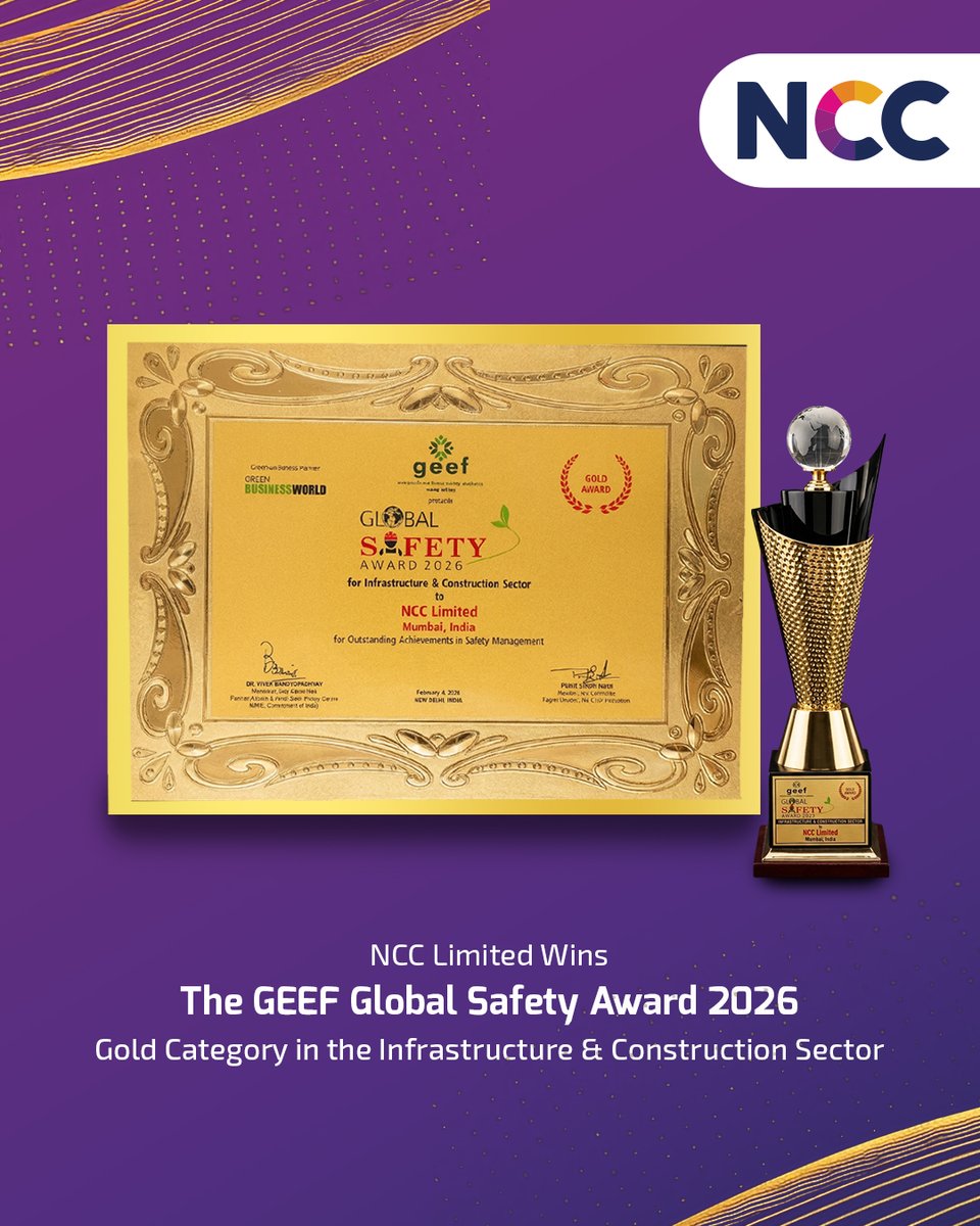 ncc_limited's tweet image. NCC Limited wins the GEEF Global Safety Award 2026: Gold Category for the Metro Bhavan CA-60 Project! 
Presented by Sh. Bhupinder Singh Bhalla &amp;amp; dignitaries, this award recognizes our unwavering commitment to HSE excellence and safer workplaces.

#NCCLimited #SafetyFirst #HSE