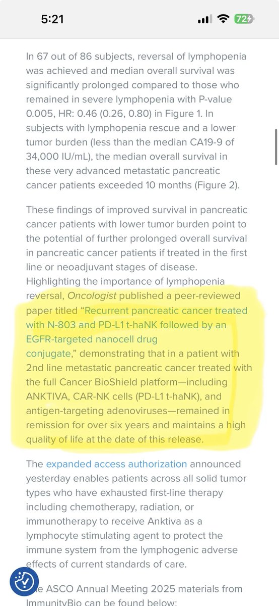 $IBRX this is why I am going all in here: 
An excerpt from immunitybio.com. These Bioshield/Anktiva results are borderline miraculous. A few years ago, the chief medical director MD at Vanderbilt was diagnosed with metastatic pancreatic cancer. He was young and strong and