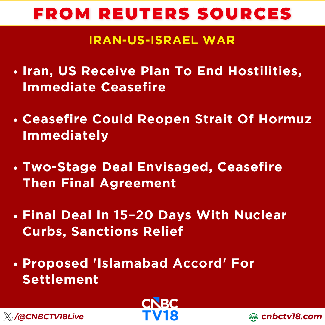 CNBCTV18Live's tweet photo. #WestAsiaWar | #FromReuters Sources: #Iran, #US receive plan to end hostilities with immediate ceasefire. #StraitOfHormuz could reopen immediately. Two-stage deal envisaged with ceasefire first, followed by final agreement in 15–20 days https://t.co/qkL7yQArEa