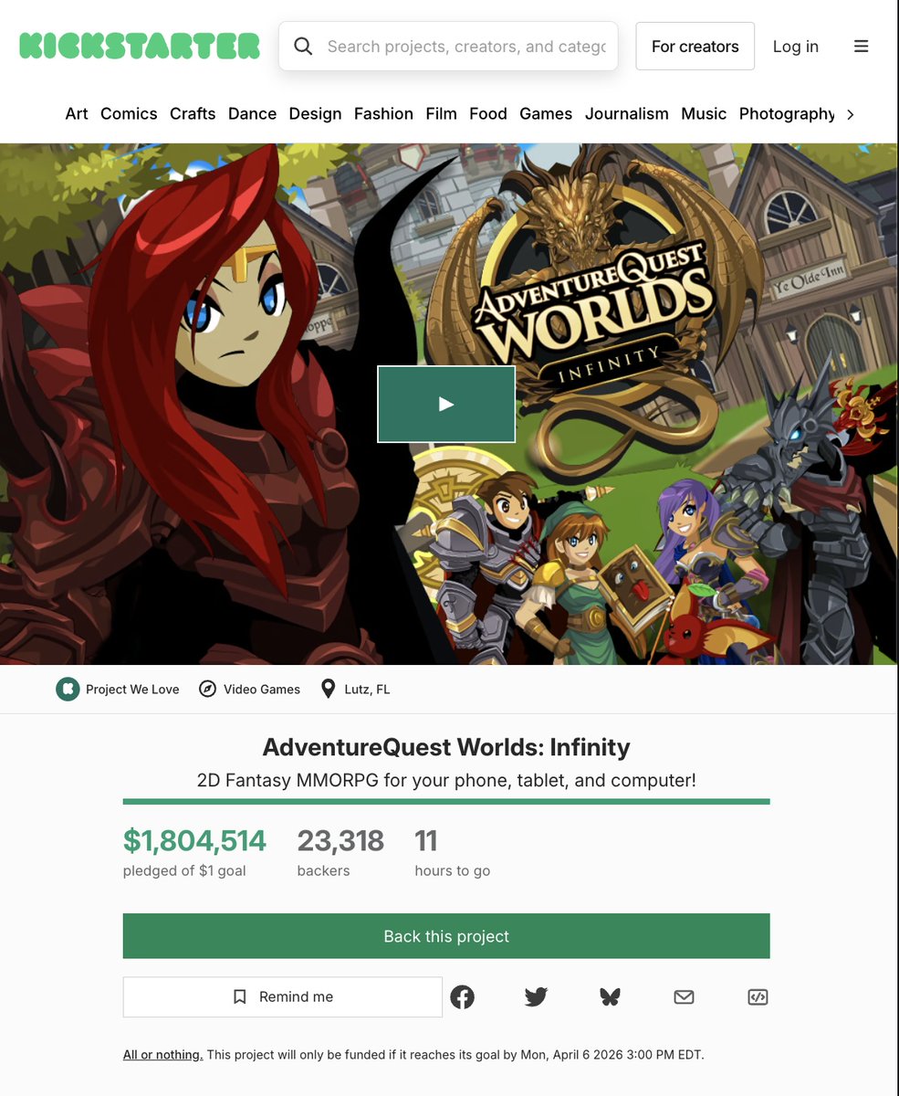 ArtixKrieger's tweet image. Only 11 hours left to back AQW Infinity Kickstarter! If you have been waiting, now is the time. Every pledge matters in these final hours. Thank you for the incredible support. Let us finish strong! 
kickstarter.com/projects/artix… 
Battle on! ~Beleen #aqw #infinity #kickstarter