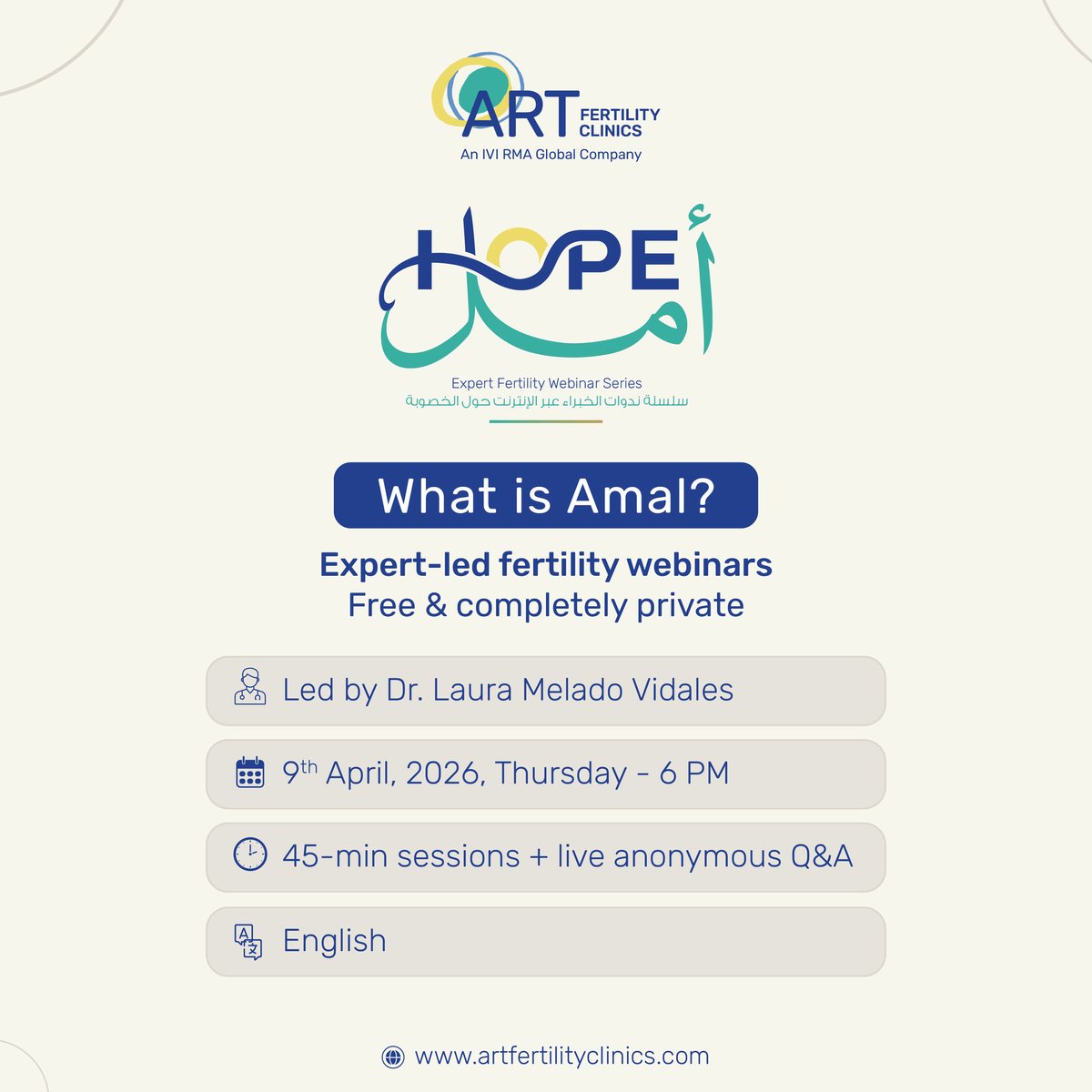 art_fertility's tweet photo. Join our free webinar, "AMH and Ovarian Reserve in the UAE," led by Dr. Laura Melado Vidales, Fertility Specialist and Medical Director at ART Fertility Clinics, Abu Dhabi.

Date: Thursday, April 9th
Time: 6 PM GST
Language: English
 
Register here: https://t.co/VBR8LFF0EJ https://t.co/ppgsrlAPgP