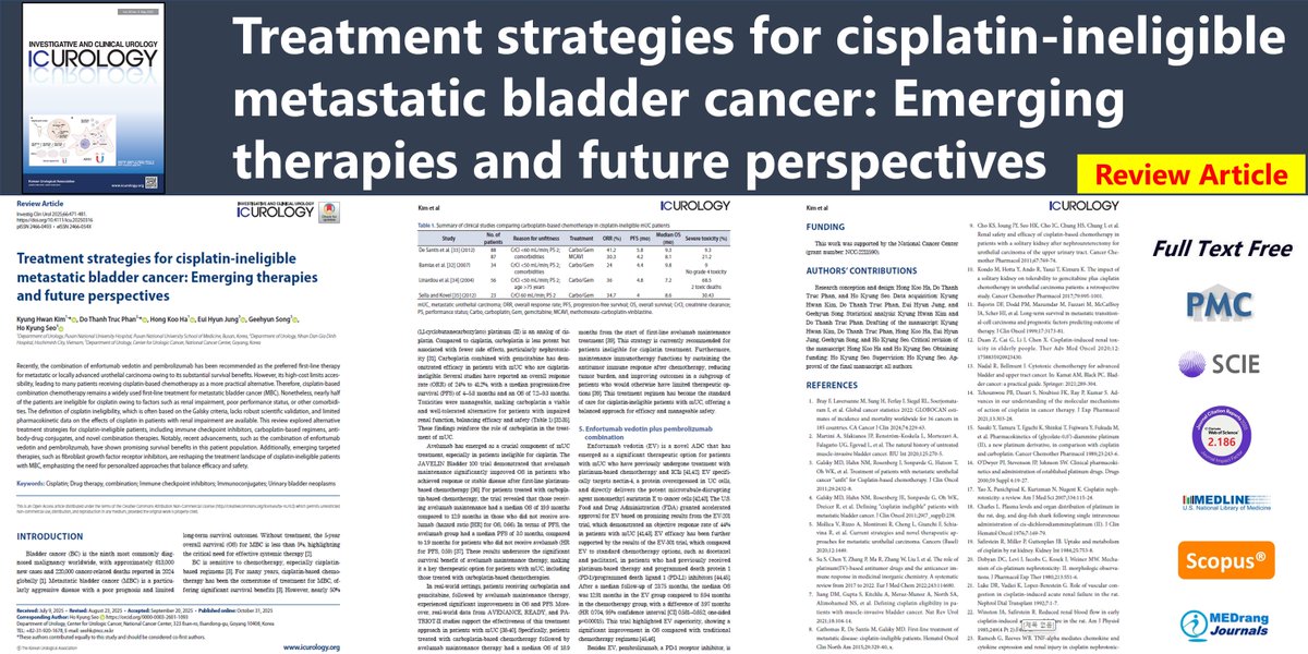 icurology's tweet photo. Treatment strategies for cisplatin-ineligible metastatic bladder cancer: Emerging therapies and future perspectives
🌷https://t.co/yV5dGNNKBN
Investig Clin Urol. 2025;66(6). Kyung Hwan Kim
#Cisplatin #DrugTherapyCombination #ImmuneCheckpointInhibitors #Immunoconjugates https://t.co/ZAE0Tyci8P