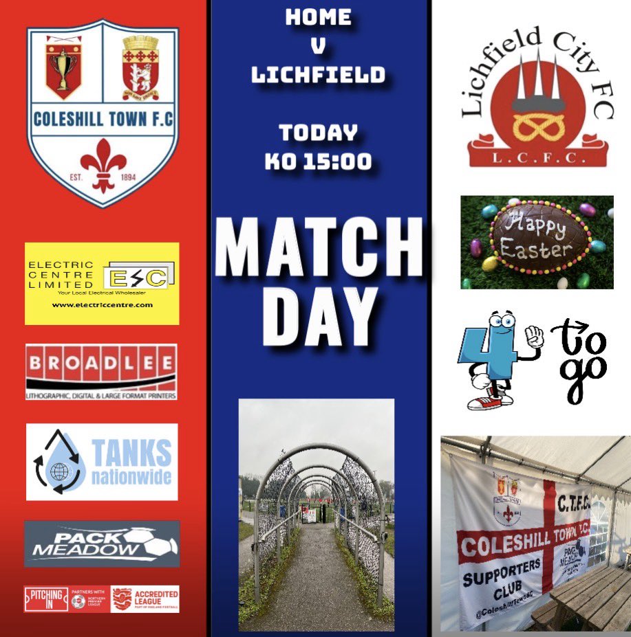 🚨 MATCH -  DAY ⚽️

A great local derby at home v Lichfield, why not treat yourself on a Bank Holiday Monday to some good football? As we only have four games to go, we need all your support.

🗓️ Today
🆚 <a href="/lichfieldcityfc/">Lichfield City FC</a> 
🏆 <a href="/NorthernPremLge/">The Pitching In Northern Premier League</a> 
⌚ 15:00 K.O 🕰️
🍟🥘🍔🍻 Available &amp;