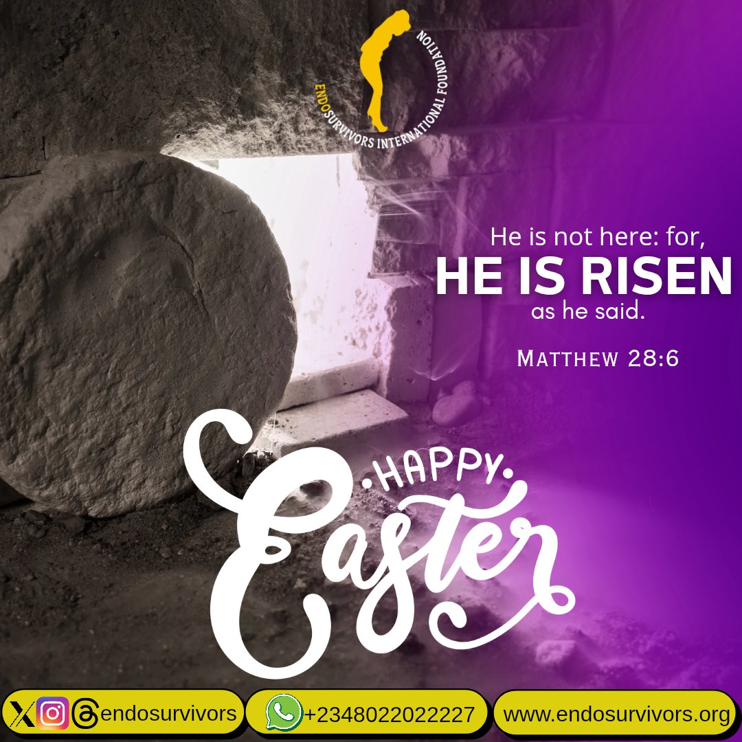 🎼🪗🎶🎵Up from the grave He arose
With a mighty triumph o'er His foes
He arose a victor from the dark domain
And He lives forever with the saints to reign
He arose
He arose
Halleluyah 
Christ arose. 

Happy Easter to you and all yours!

#endometriosisnigeria #endosurvivors