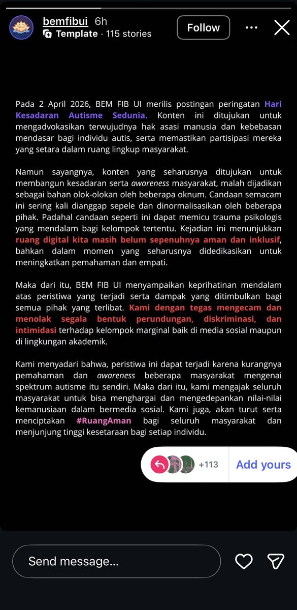UI! ga habis pikir liat komen di postingan BEM FIB. yakin sih bukan mhs, mau itu buzzer pun ttp miris liat ruang digital blm aman &amp; inklusif. salut liat stance ketua bemnya yg lugas &amp; ga ksh celah buat perundungan terselubung. smgt pengurus BEM FIB, tetap berisik jaga ruang aman!