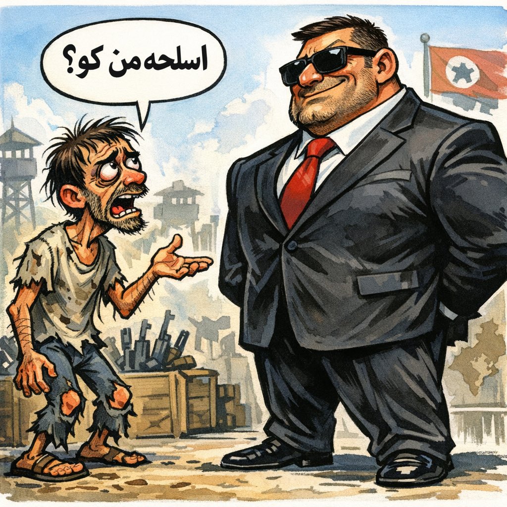 shamal43's tweet photo. بخش مضحک دیگر ماجرای ”ارسال اسلحە“ اینجاست: همان کسانی که با اصرار می‌پرسند ”اسلحە من کو؟“ خود در آمریکا نشسته‌اند. کاریکاتور از : چت جی. بی.تی. https://t.co/0Bj68pEVAd
