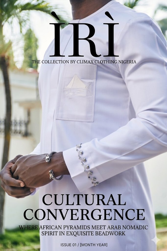 ClimaxNg's tweet photo. The African Pyramid meets the Arab Nomad. 🏛️🐪
OTU: THE CROSSROADS from the ÌRÌ Collection by Climax Clothing Nigeria. A masterclass in precision beadwork and historical storytelling.
White represents the desert; the beads represent the route. Pure. Timeless. Global. 🌍✨ https://t.co/py87KCL9fO