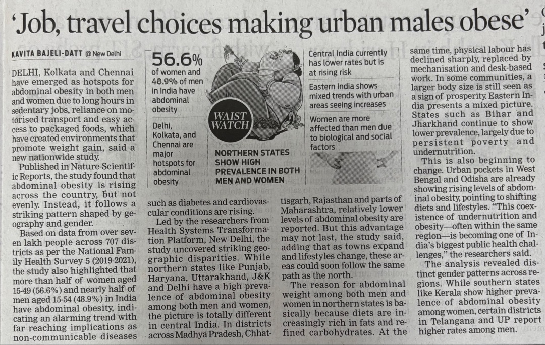 pargaien's tweet image. Walk more and  eat healthy for a healthy heart
Desk jobs + car commutes in Delhi, Kolkata, Chennai are packing on belly fat as nearly 48.9% are obese!  #FightObesity #UrbanWellness #MoveMore

From @KavitaDatt for @NewIndianXpress