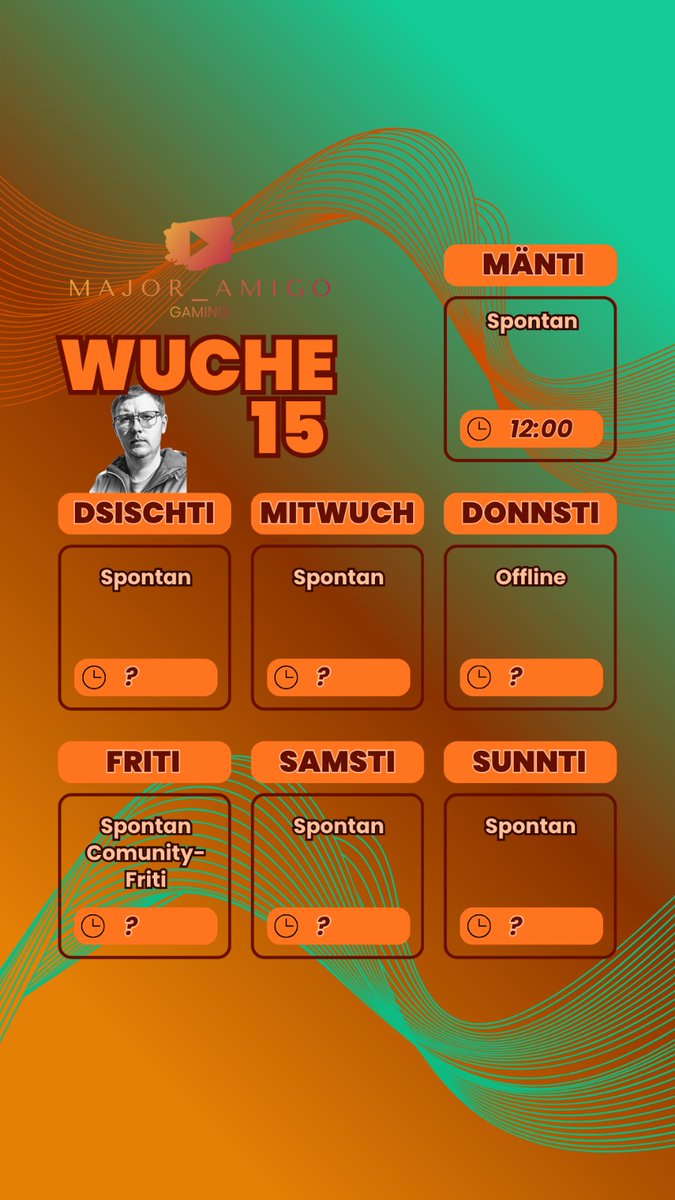 AmigoRealX's tweet photo. Mi Streamplan vor Wuchä 15 zeigt viu Spontanität, da ig immerno usfauä bim Schaffä wägem Unfau, sprich es chöi no Termine derzwüsche cho
#TwitchCH #StreamingCommunity berner https://t.co/PyjtmLuHLZ