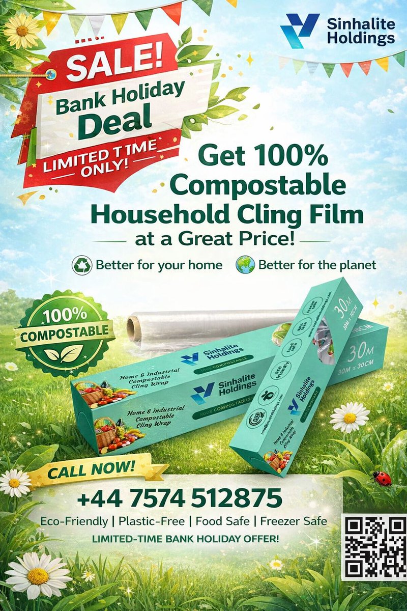 sinhalite149's tweet image. Bank Holiday Deal UK 🇬🇧

Sri here from LinkedIn 👋

Switch to 100% compostable cling film – the eco-friendly alternative to plastic!

♻️ Plastic-free | Food safe | Freezer safe

📞 +44 7574 512875

#BankHoliday #EcoFriendly #Compostable #PlasticFree #SustainableLiving #UKBusiness