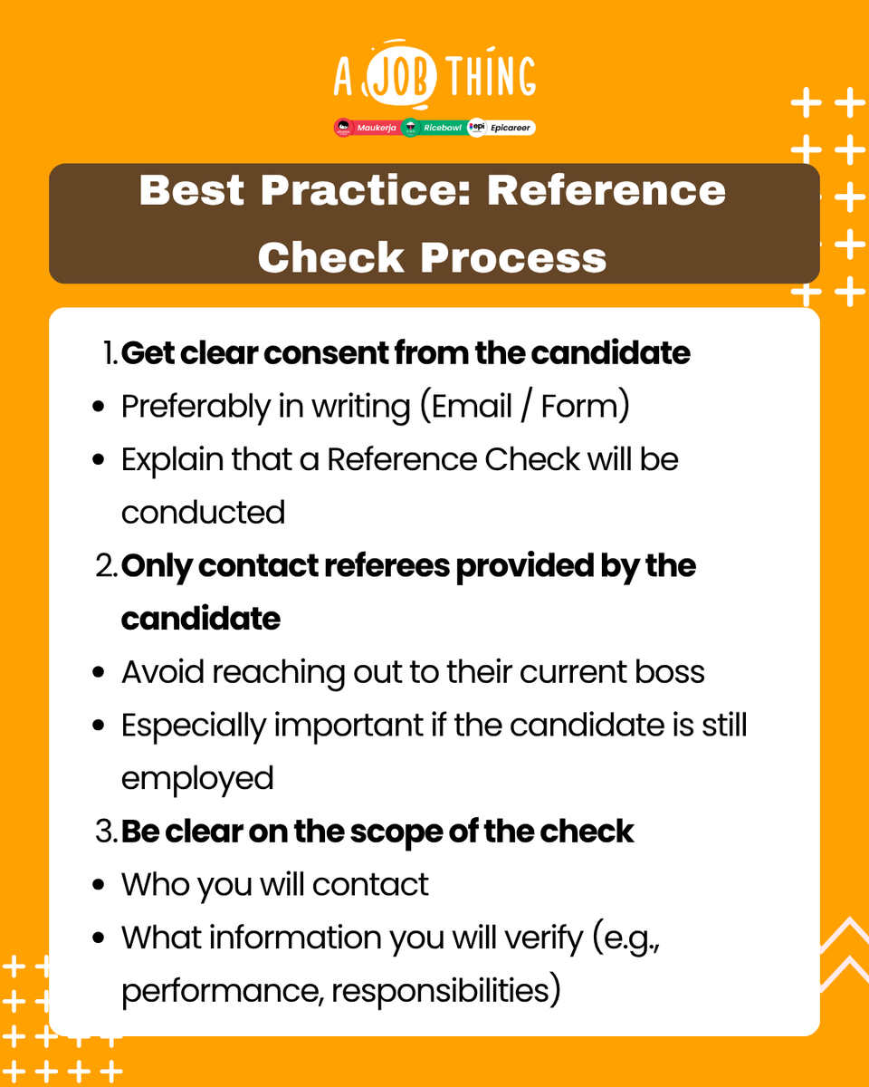 ajobthingcom's tweet photo. Can You Directly Call a Candidate’s Current Boss for a Reference Check?

Many new HRs ask:
👉 “I just want to verify their info… can I call their current boss?”
⚠️ Quick tip: Don’t do it without consent.
 ✅ Always get candidate’s approval
 ✅ Only contact referees they provide https://t.co/xQ6Ziq9YLC