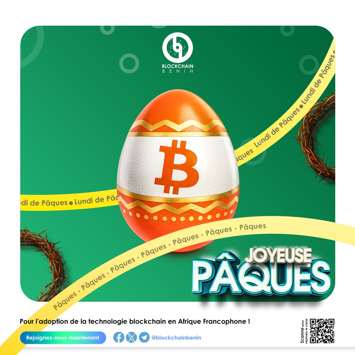 BlockchainBENIN's tweet photo. 🥚 Joyeuses Pâques !

Toute l'équipe de @BlockchainBENIN vous souhaite de joyeuses fêtes de Pâques. 

Que cette journée soit placée sous le signe du renouveau et de l'innovation !
Travaillons ensemble pour l'adoption de la blockchain en Afrique Francophone. 🚀🇧🇯 https://t.co/ac3djpQoVN