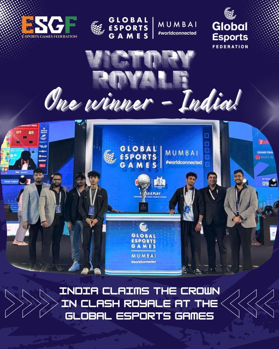BiharESF's tweet photo. Victory. Leadership. Teamwork. 🏆📷 Our Clash Royale Champion stands proud alongside the CEO of the Esports Games Federation (ESGF) and the dedicated ESGF team at the prestigious Global Esports Games Mumbai 2026.

Together we lead. Together we win. 👑 https://t.co/BHwb24qGNi