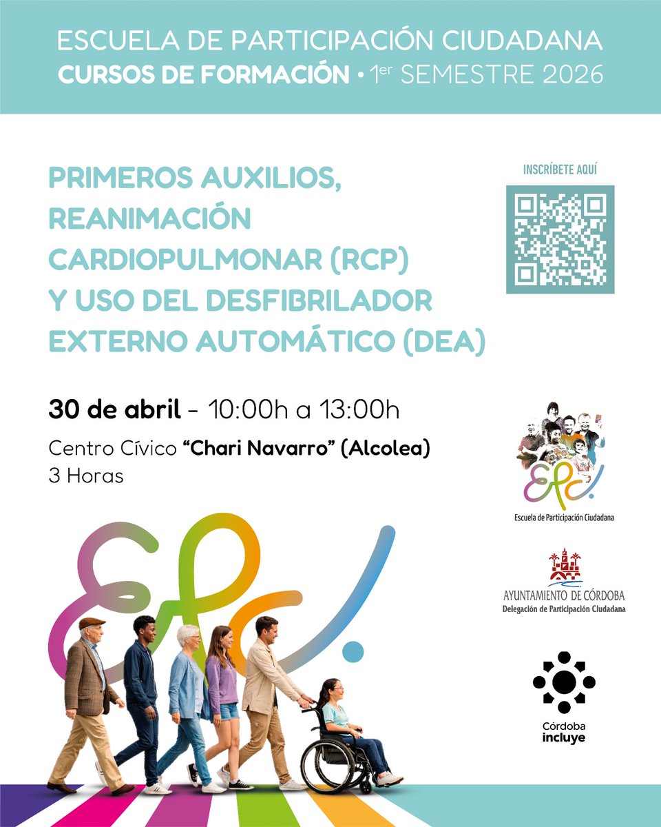 🔊 Al-Zahara 💪 informa

👉 Cursos formativos Escuela de Participación Ciudadana

👉 Primeros Auxilios, Reanimación Cardiopulmonar (RCP) y uso del Desfibrilador Externo Automático (DEA)

👉 Inscripciones en forms.gle/dn2v6fZMgjno2T……

👉 Fechas y lugares en carteles adjuntos

👇