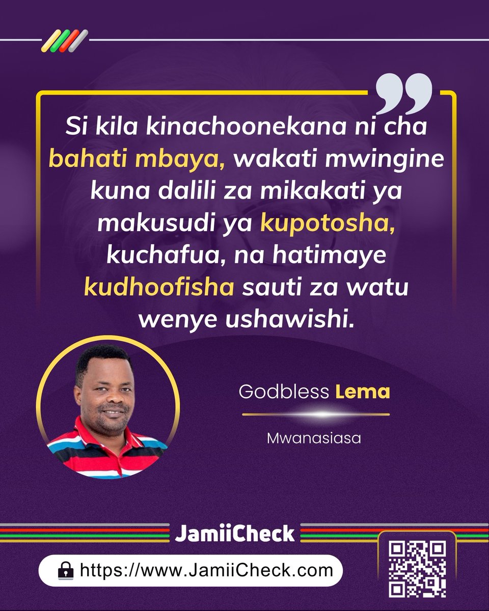 JamiiCheck's tweet image. Godbless Lema anatukumbusha kuwa katika zama hizi za kidijitali, Upotoshaji (#Disinformation) si jambo la kushtukiza, mara nyingi ni mkakati unaopangwa kwa ajili ya kuchafua taswira za watu, kupotosha umma, pamoja na kudhoofisha sauti zenye ushawishi.

Hivyo ni muhimu