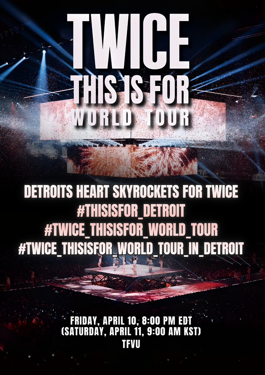 TFVUnion's tweet photo. [ TRENDING PARTY ]

📣ONCEs, we‘ll host a trending party for today’s show to support TWICE’s <THIS IS FOR> TOUR in LITTLE CAESARS ARENA DETROIT.

Trending party time:
APRIL 11, 8AM KST

Be ready to hype it up!
⚠️ Don’t use the tags yet ⚠️

#TWICE 
@JYPETWICE https://t.co/aeybn5XVRp
