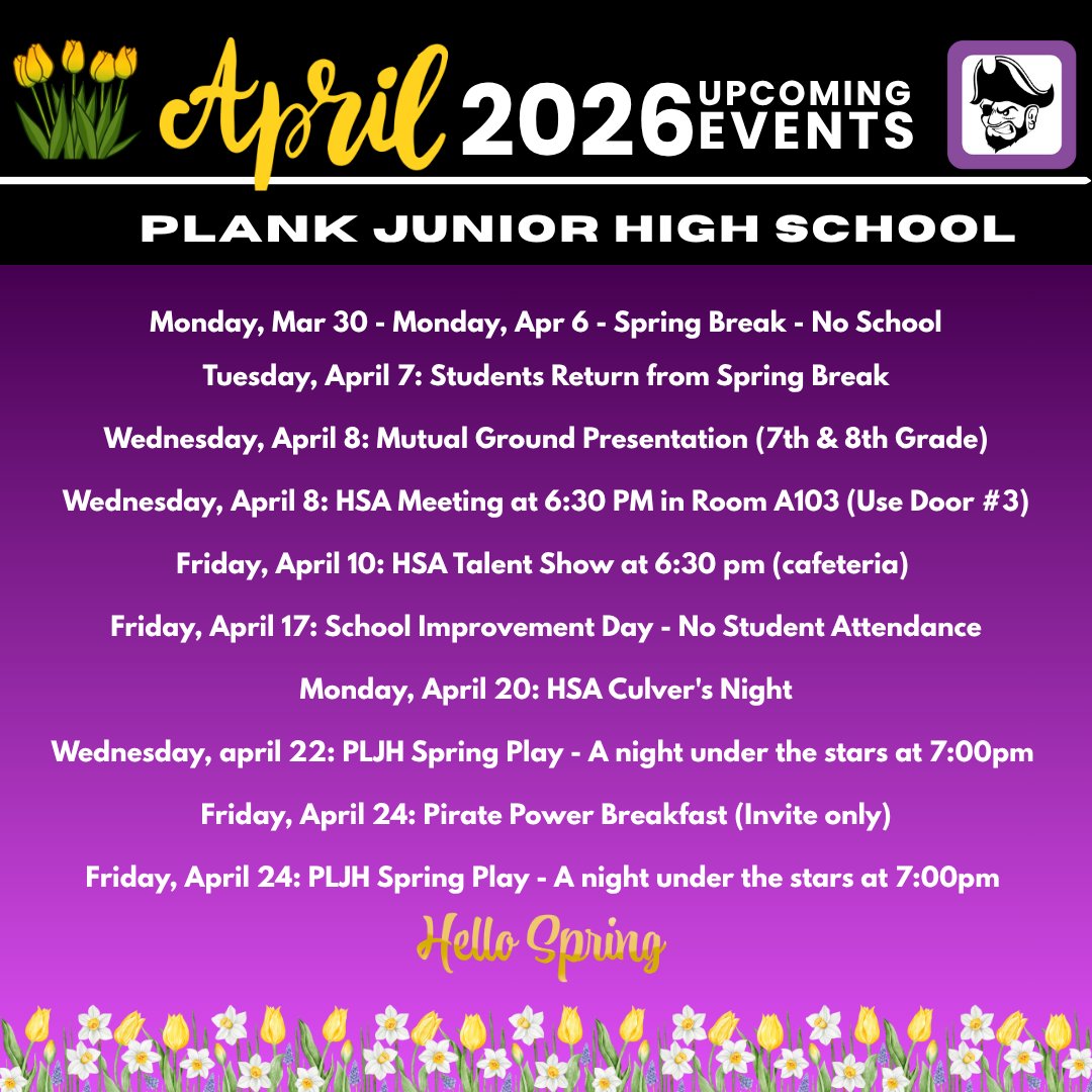 Check out the Plank Junior High events scheduled for April 2026. Please save the dates attached.